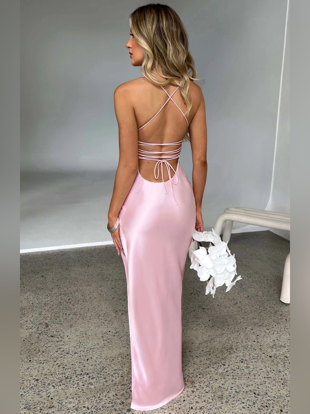 BABYBOO Makalita Maxi Dress XS Blush Pink Satin Slip Open Lace Back Formal Party